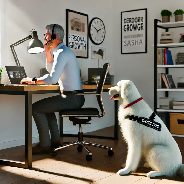 A man in his late 50s working on a laptop at a desk in a home office with his thin white medium long-haired service dog, Sasha, sitting attentively by his side.