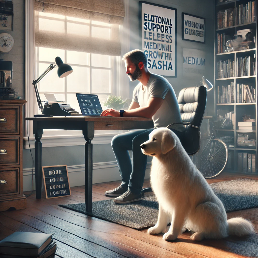 A man in his late 50s working on a laptop at a desk in a home office with his thin white medium long-haired service dog, Sasha, sitting attentively beside him.