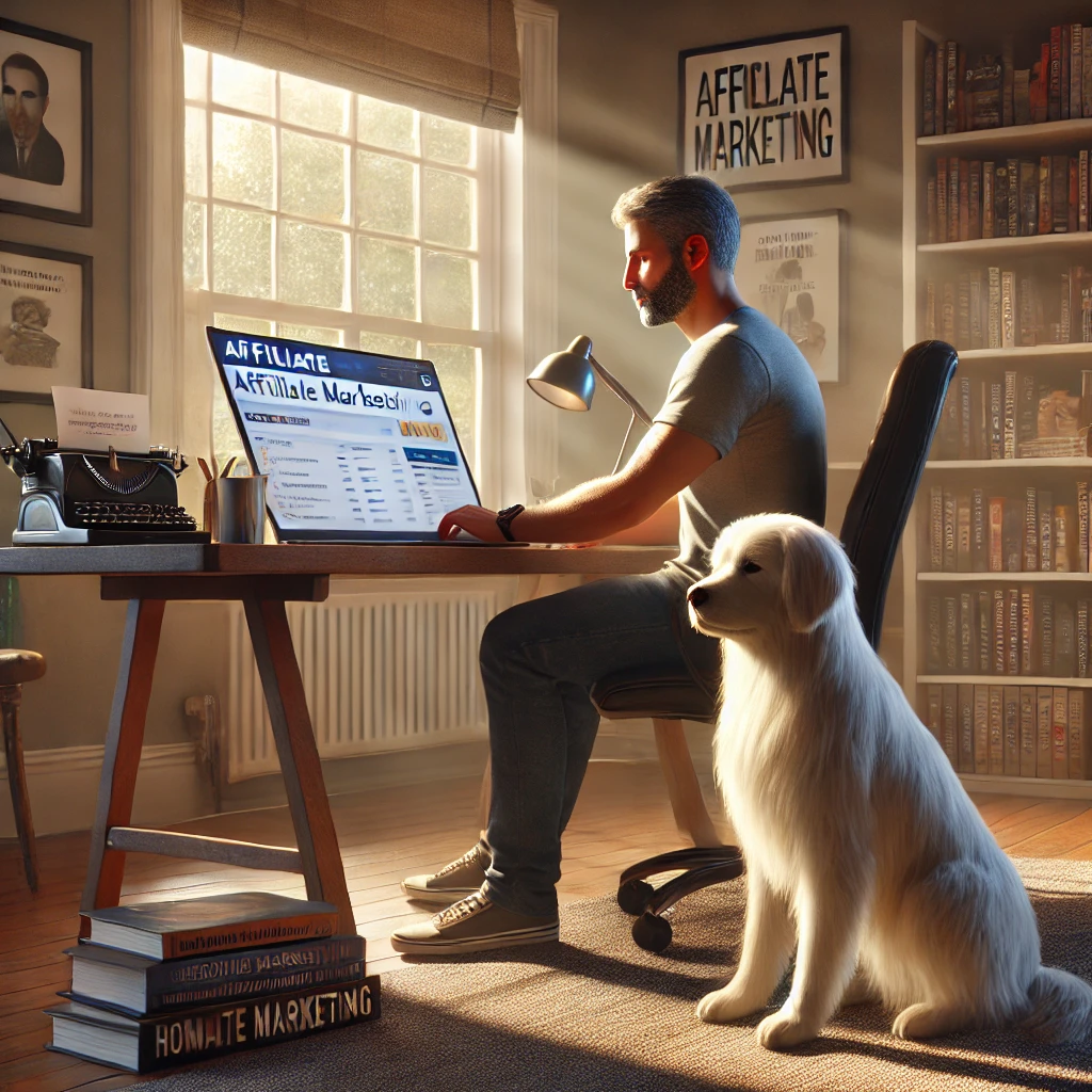 A man in his late 50s working on a laptop at a desk in a home office with his thin white medium long-haired service dog, Sasha, sitting attentively beside him.