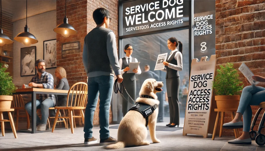 A person with a service dog confidently entering a public space with 'Service Dogs Welcome' signage, interacting with a staff member holding a pamphlet about service dog access rights.