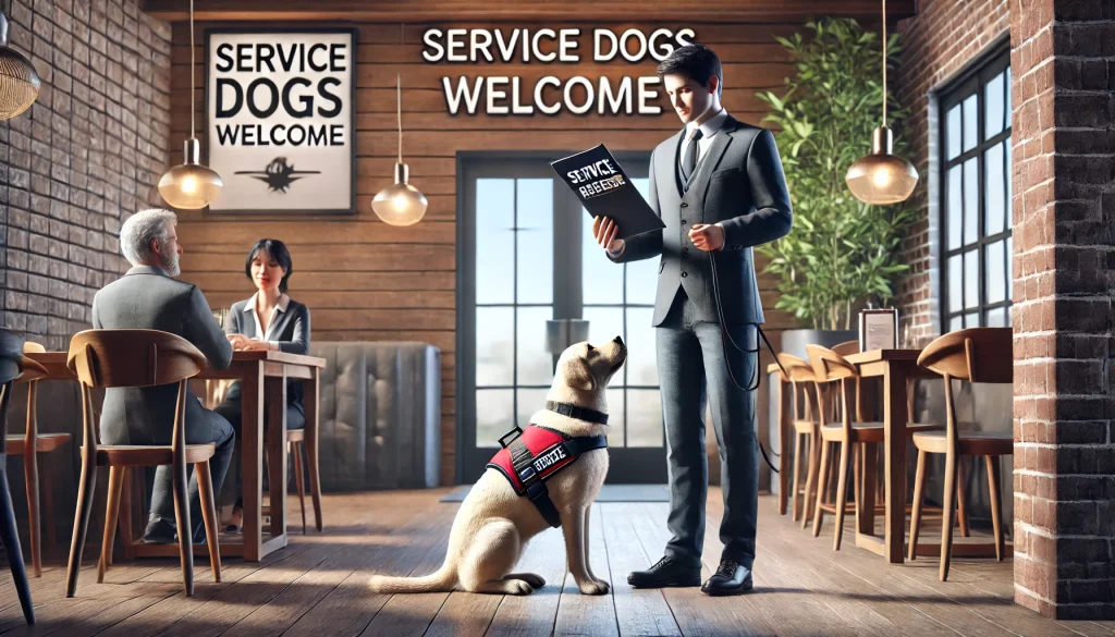 A person with a service dog being denied entry to a restaurant by an employee. The person calmly presents documentation about their service dog access rights. The service dog is wearing a clearly marked service dog vest.