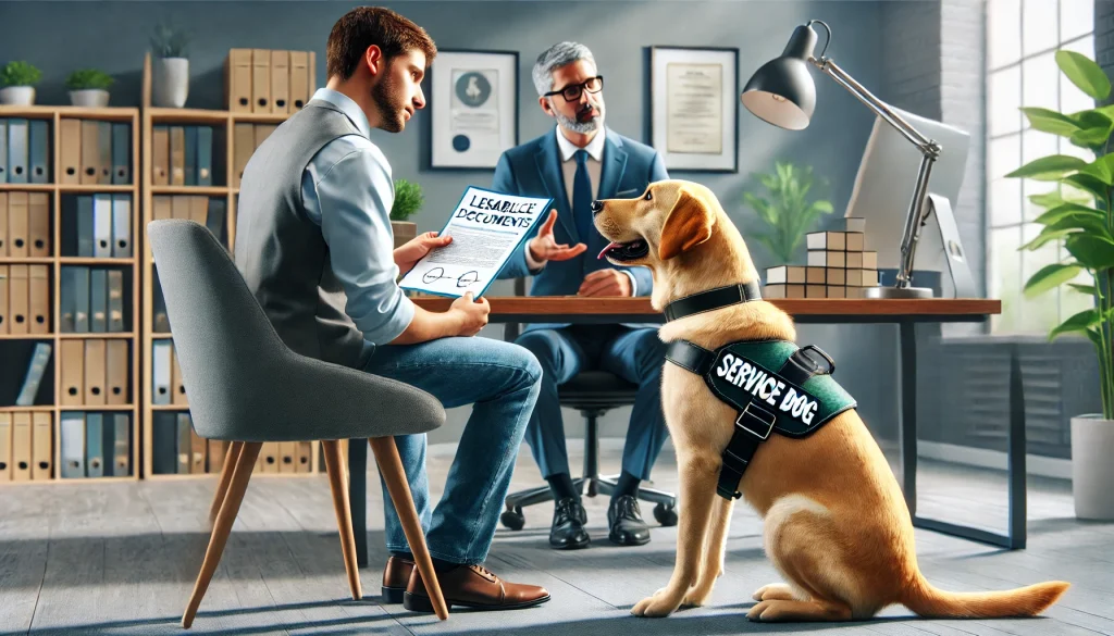 A person with a service dog speaking with a lawyer in an office setting, discussing legal documents related to disability rights. The service dog is wearing a clearly marked vest.