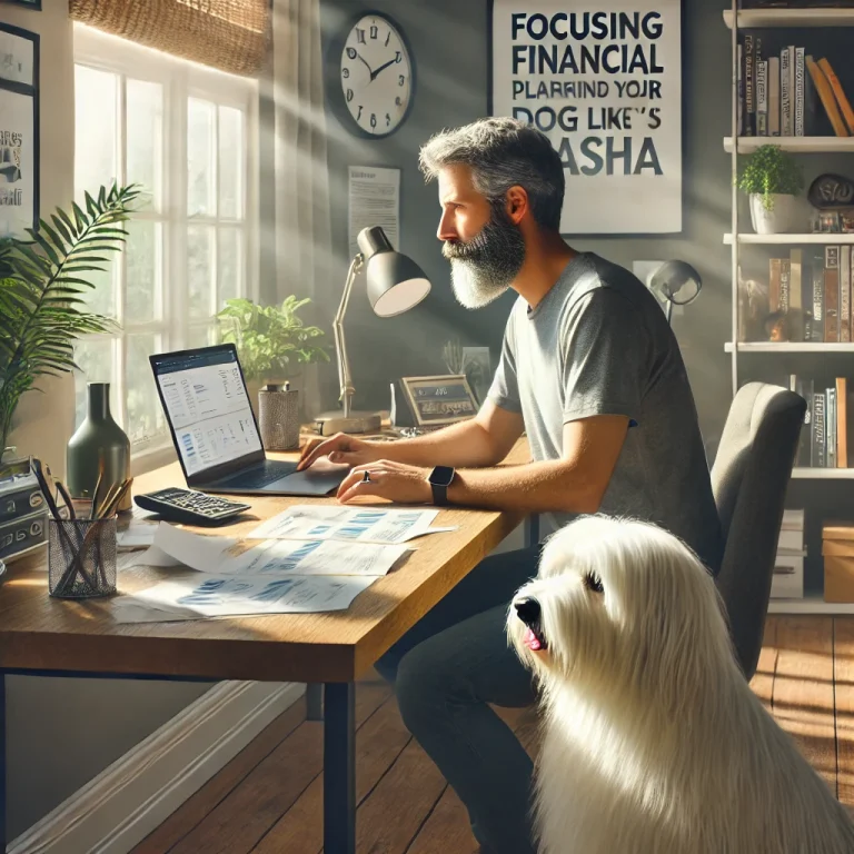 A man in his late 50s working on financial planning at a desk in a home office with his thin white medium long-haired service dog, Sasha, sitting attentively beside him.