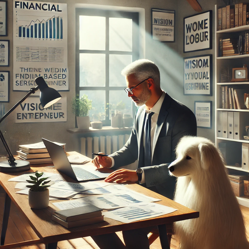 A man in his late 50s reviewing financial documents at a desk in a home office with his thin white medium long-haired service dog, Sasha, sitting attentively beside him.