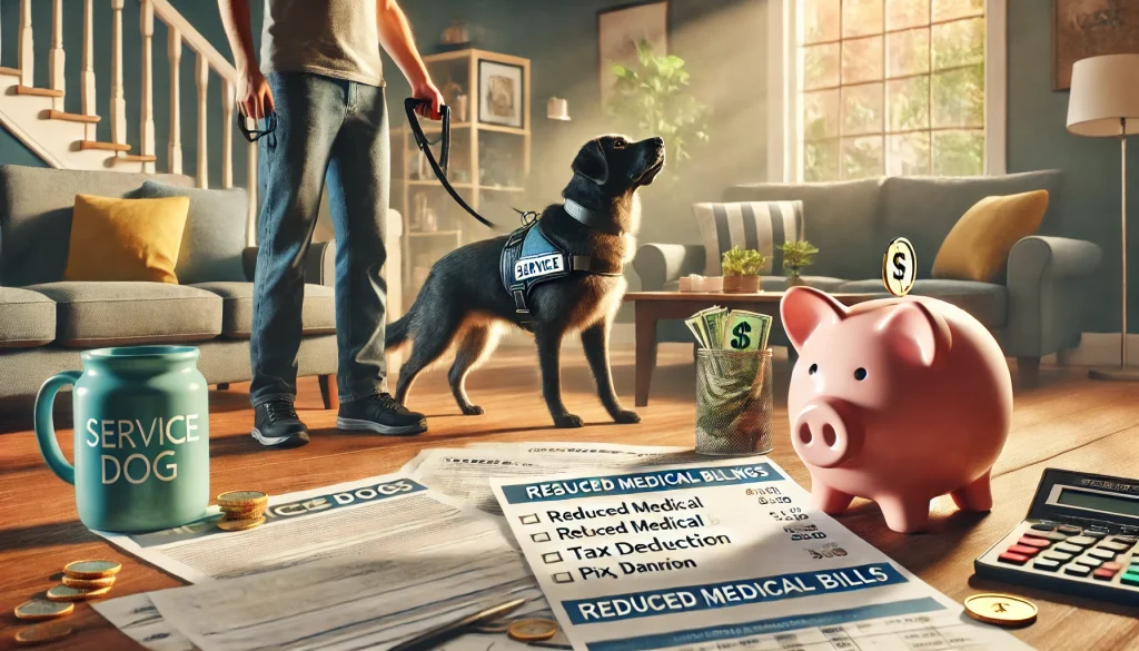 A person with a service dog in a home setting, highlighting tasks like fetching items and providing mobility support. The background shows a table with reduced medical bills, tax deduction forms, and a piggy bank.