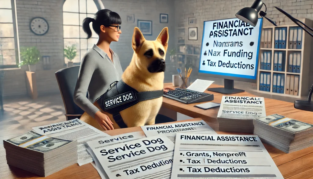 A person with a service dog sitting at a table filled with documents related to grants, nonprofit funding, and tax deductions. The service dog is wearing a clearly marked vest.