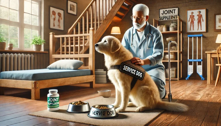 A handler providing gentle joint massage and feeding specialized senior dog food to an elderly service dog wearing a vest in a cozy home setting with orthopedic beds and joint supplements.