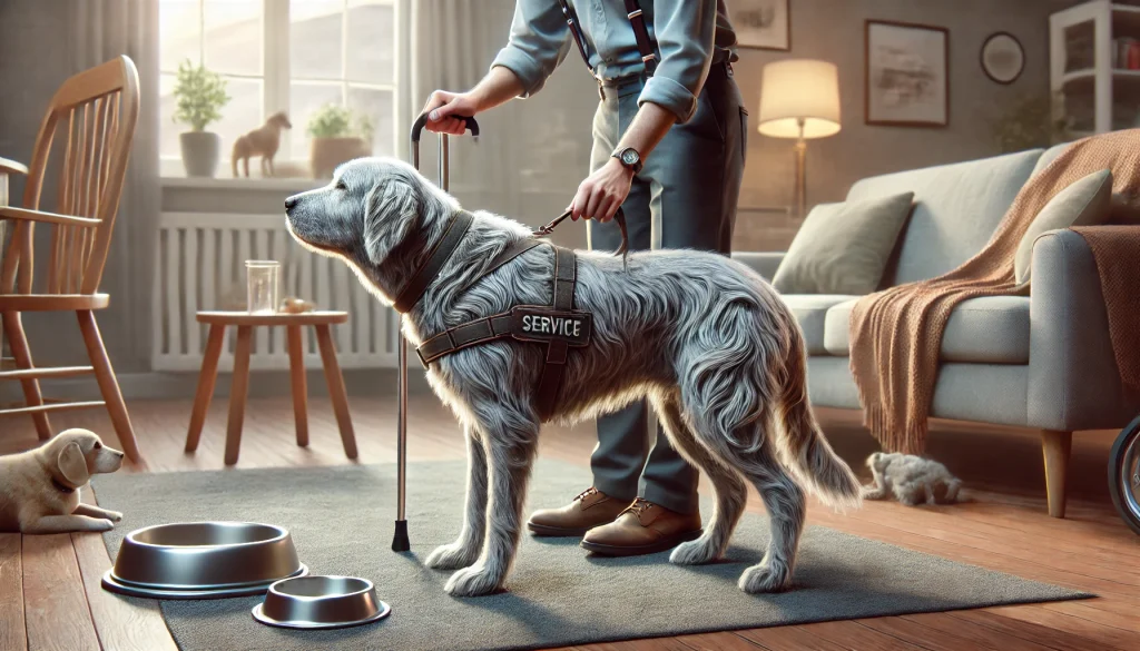 An elderly service dog with graying fur being gently supported by its handler in a cozy home environment, with a dog bed and water bowl nearby.