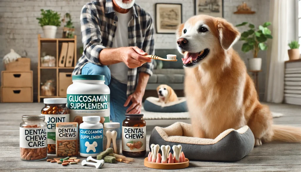 A handler providing joint supplements and brushing the teeth of an elderly service dog in a well-organized home setting with health care items like glucosamine supplements and dental chews.