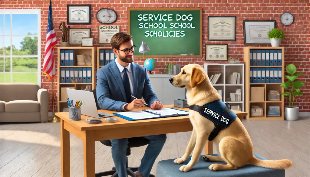 A school administrator and a parent discussing service dog policies at a desk with documents and a laptop in a school office setting. A service dog wearing a vest sits calmly next to the parent.