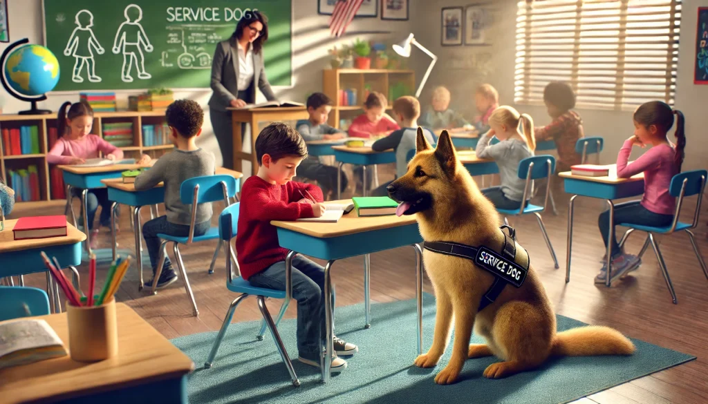 A child with a service dog in a classroom setting, engaged in learning activities. The service dog sits calmly beside the child, providing emotional support. The background shows other students and a teacher.