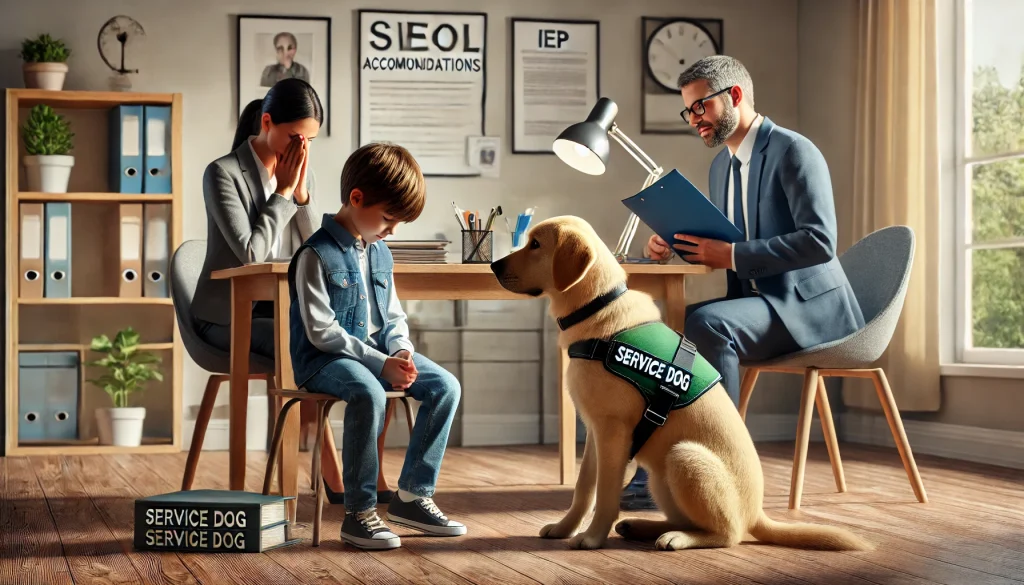 A parent, a child with a service dog, and a school staff member discussing accommodations in a school office. The service dog is wearing a vest and sitting calmly next to the child. The background includes a desk with documents and an Individualized Education Plan (IEP) folder.