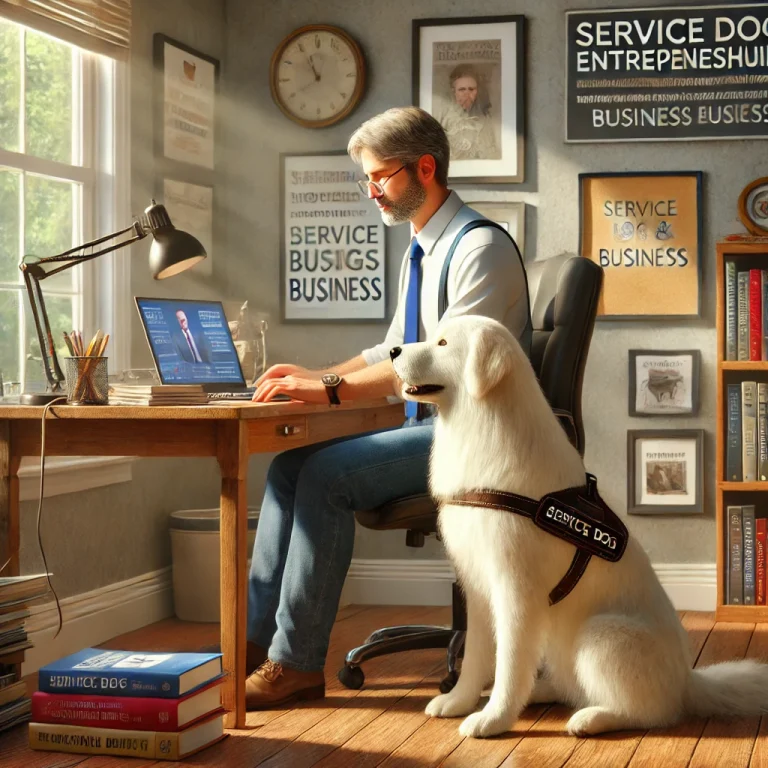 A man in his late 50s working in his home office with his thin white medium long-haired service dog, Sasha, sitting attentively beside him.