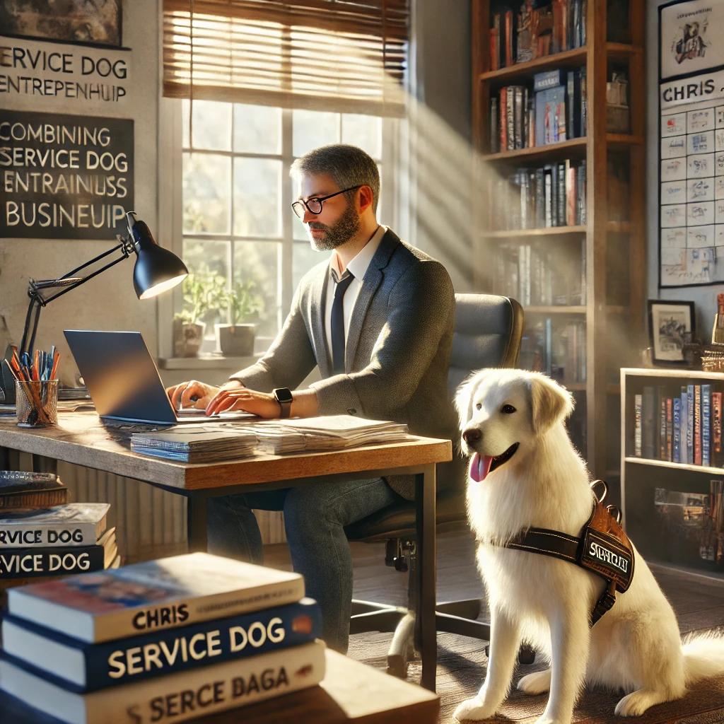 A man in his late 50s working at his desk in a home office with his thin white medium long-haired service dog, Sasha, sitting attentively beside him.