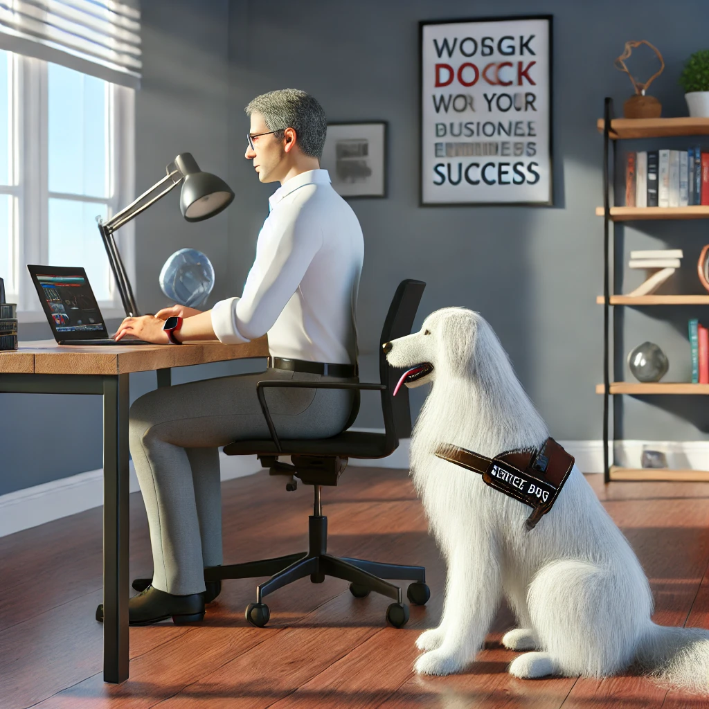 A man in his late 50s working at his desk in a home office with his thin white medium long-haired service dog, Sasha, sitting attentively beside him.