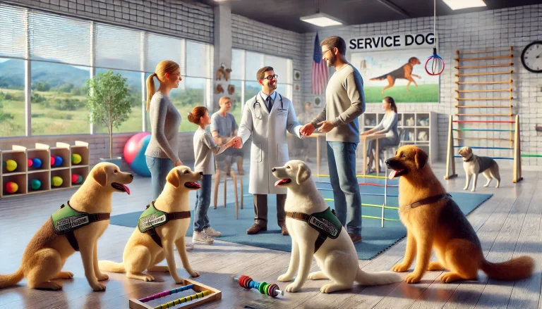 A family meeting with a service dog trainer in a well-equipped training facility, with several service dog breeds including a Labrador Retriever, Golden Retriever, and German Shepherd present.