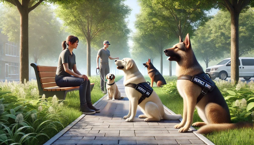 A Labrador Retriever, Golden Retriever, and German Shepherd sitting calmly with their handlers in a park setting, all wearing service dog vests.