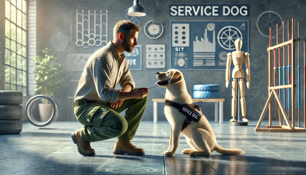 A service dog trainer working with a Labrador Retriever in a training facility, teaching basic obedience commands such as sit and stay. The dog is wearing a training vest.