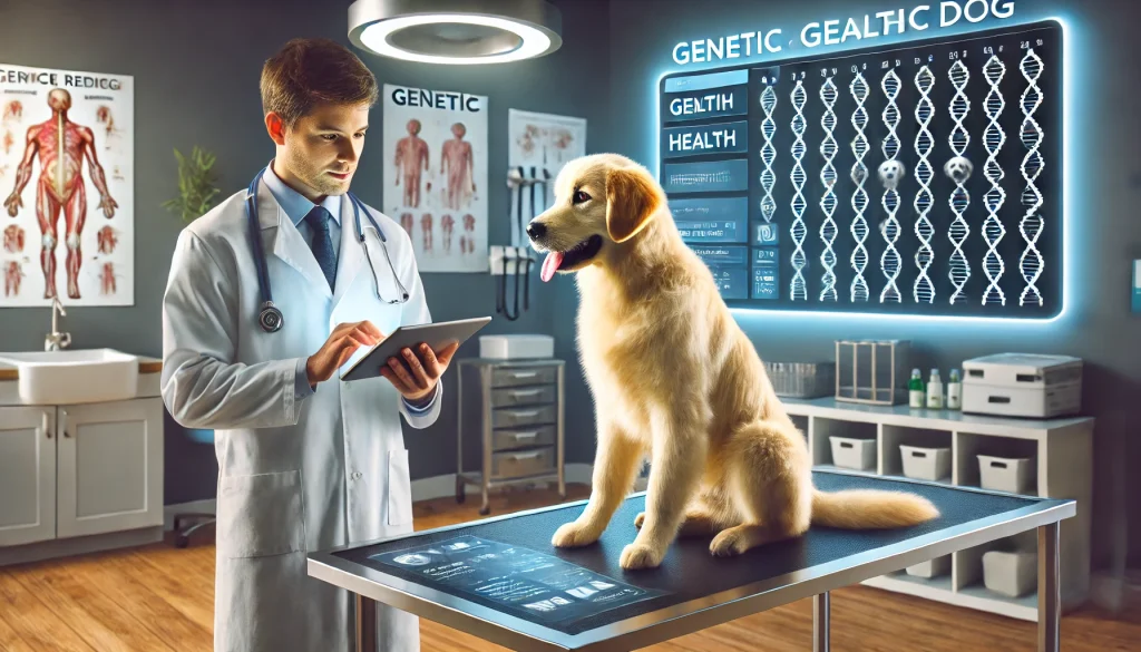 A veterinarian examining a Golden Retriever in a modern veterinary clinic, holding a tablet displaying genetic health information. The dog sits calmly on the examination table.