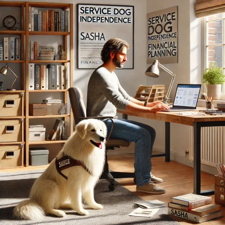 A man in his late 50s working at a desk in a home office with his thin white medium long-haired service dog, Sasha, sitting attentively beside him.