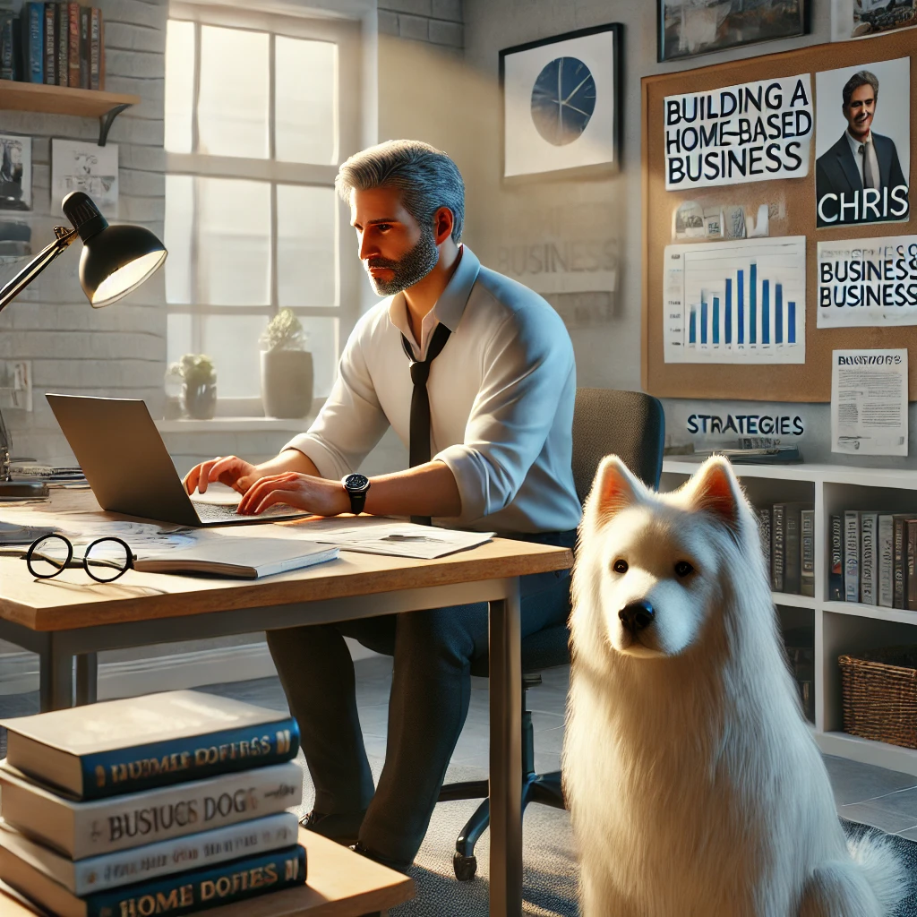 A man in his late 50s working at his desk in a well-organized home office with his thin white medium long-haired service dog, Sasha, sitting attentively beside him.