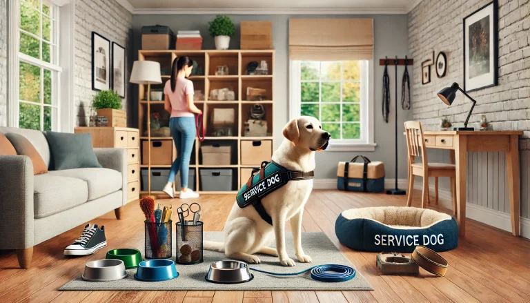 A cozy living room with a designated dog area featuring a comfortable bed, food and water bowls, and toys. A Labrador Retriever wearing a service dog vest sits calmly next to its handler, who is organizing supplies such as leashes, harnesses, and grooming tools.