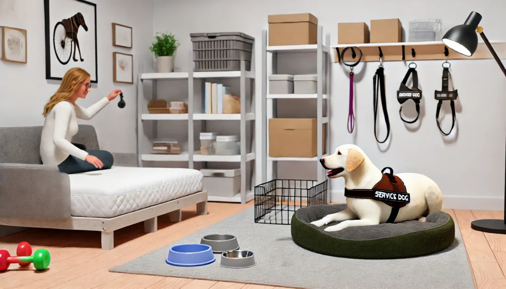 A cozy corner in a living room with a comfortable dog bed, food and water bowls, and toys. A Labrador Retriever wearing a service dog vest is lying on the bed. Nearby, a person is organizing supplies such as leashes, harnesses, and grooming tools on a shelf.