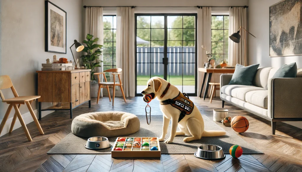 A spacious living room with non-slip flooring, a comfortable dog bed, food and water bowls, and various toys. A Labrador Retriever wearing a service dog vest plays with a puzzle toy. Large windows let in natural light, and a fenced backyard is visible.