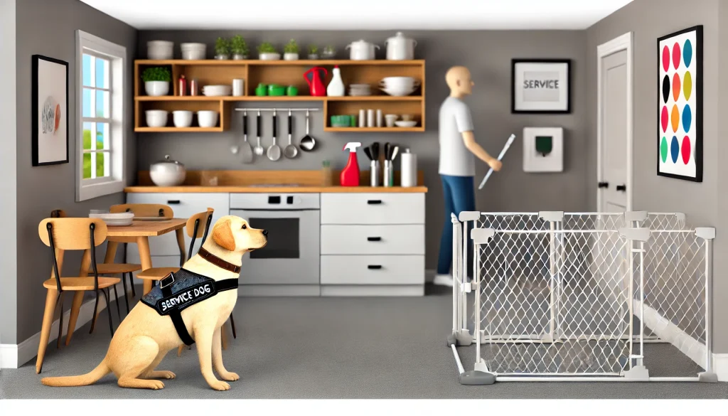 A well-organized kitchen with cleaning supplies stored securely out of reach, electrical cords hidden, and small objects removed from the floor. A Labrador Retriever wearing a service dog vest sits calmly in the kitchen. A person is shown securing a baby gate to prevent access to certain areas.