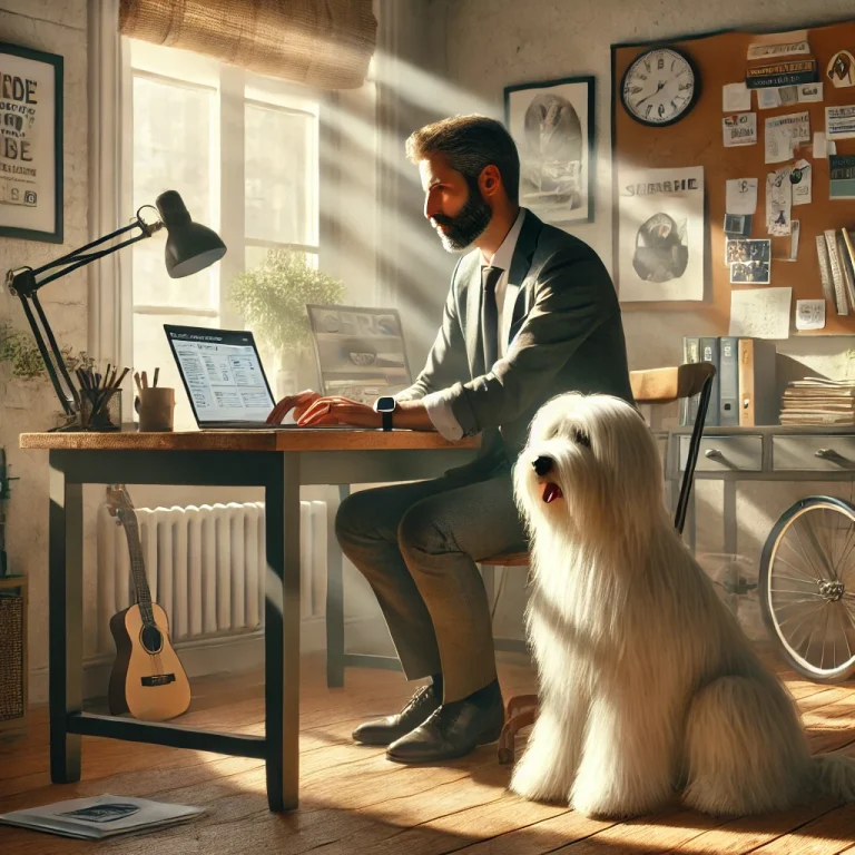 A man in his late 50s working at his desk in a bright, organized home office with his thin white medium long-haired service dog, Sasha, sitting attentively beside him.