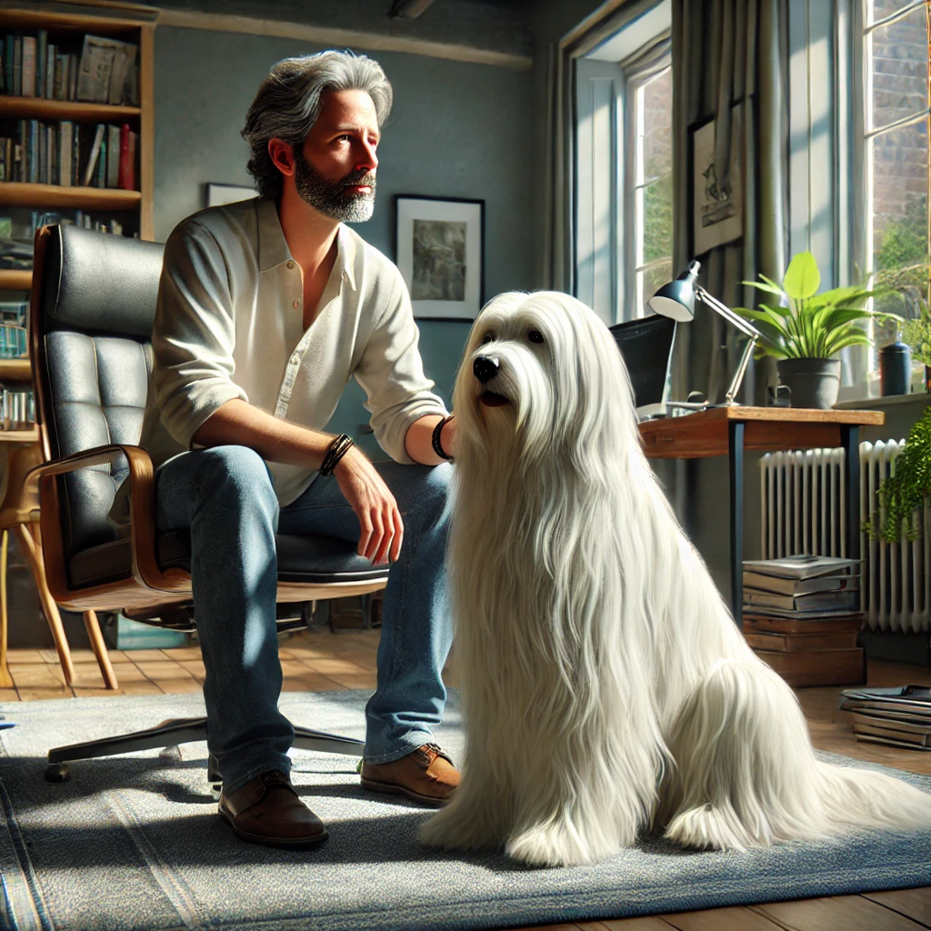 A man in his late 50s, sitting on a comfortable chair in a home office, petting his thin white medium long-haired service dog, Sasha, who has white long thin hair on her face like a terrier.