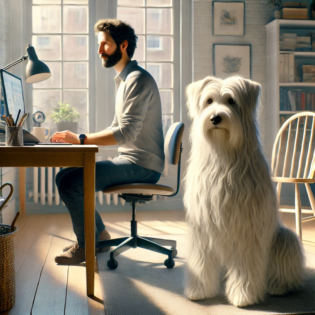 A man in his late 50s working at a desk in a bright, organized home office with his thin white medium long-haired service dog, Sasha, sitting attentively beside him.