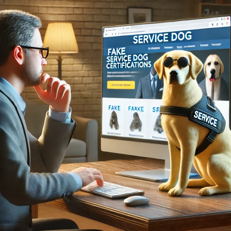 A person looking at a suspicious service dog certification website with a real service dog beside them.