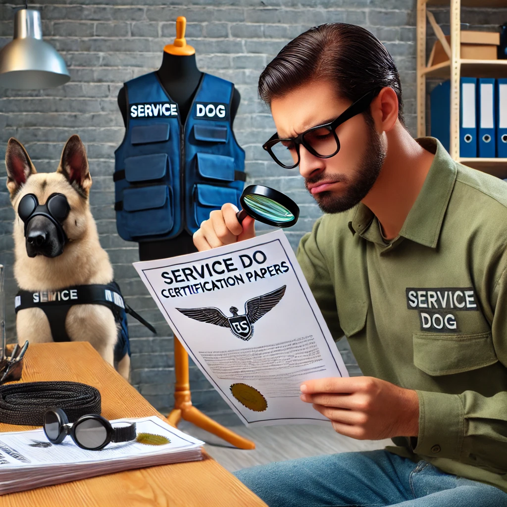 A person examining fake service dog certification papers with a magnifying glass.