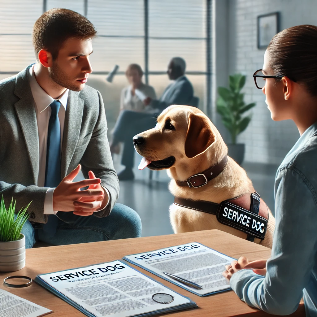 A concerned individual talking to a knowledgeable professional about avoiding service dog scams.