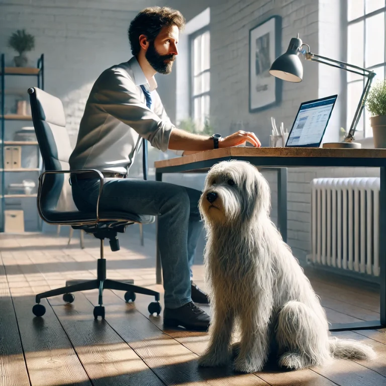 Chris, a man in his late 50s, working at his desk in a well-organized home office with his thin white medium long-haired service dog, Sasha, sitting attentively beside him.