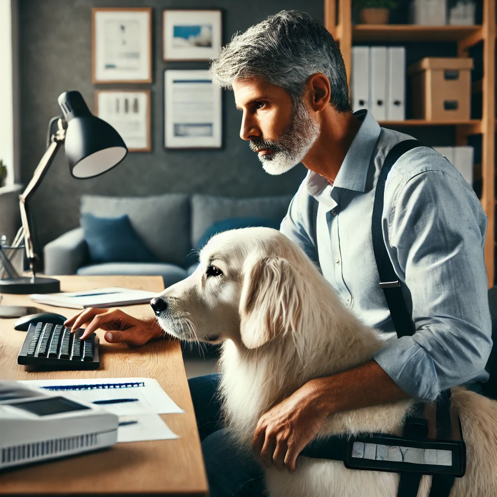 Chris, a man in his late 50s, working at his desk in a well-organized home office with his thin white medium long-haired service dog, Sasha, sitting attentively beside him.