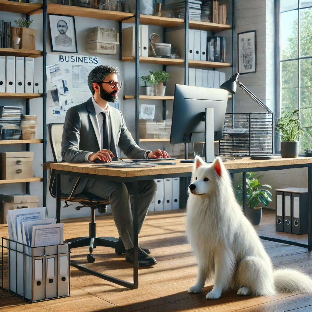 Chris working at his desk in a well-organized home office with his service dog Sasha beside him, illustrating the integration of service dog support in a sustainable business model.