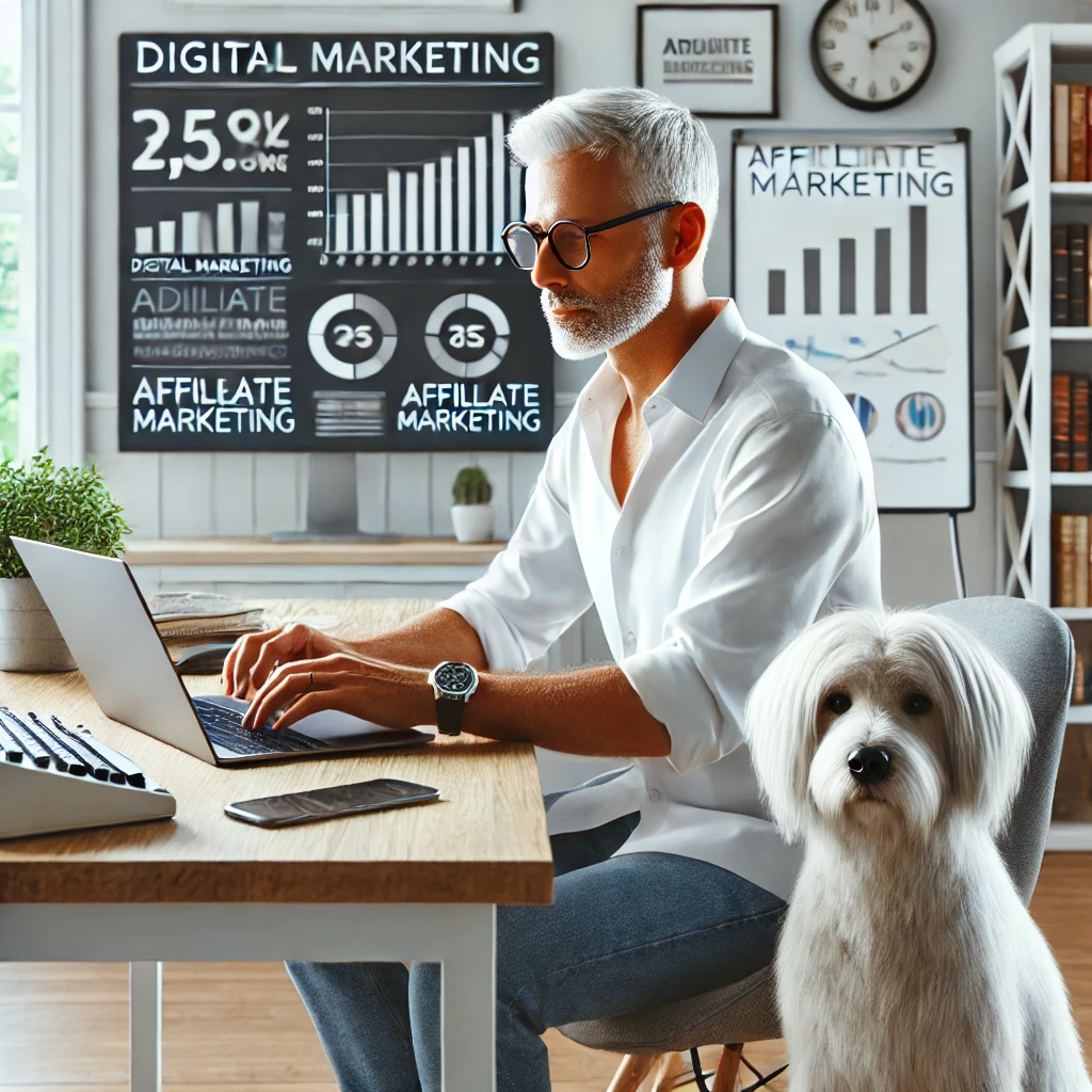 Chris, a man in his late 50s, working on digital marketing strategies at his home office desk with his thin white medium long-haired service dog, Sasha, by his side.