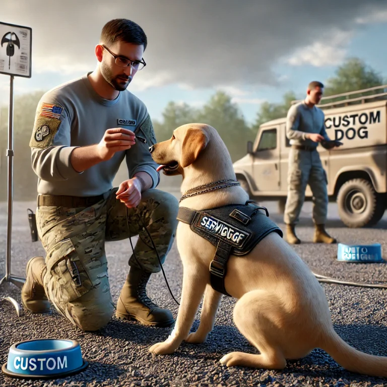 A service dog undergoing personalized training with a professional trainer in an outdoor training area.