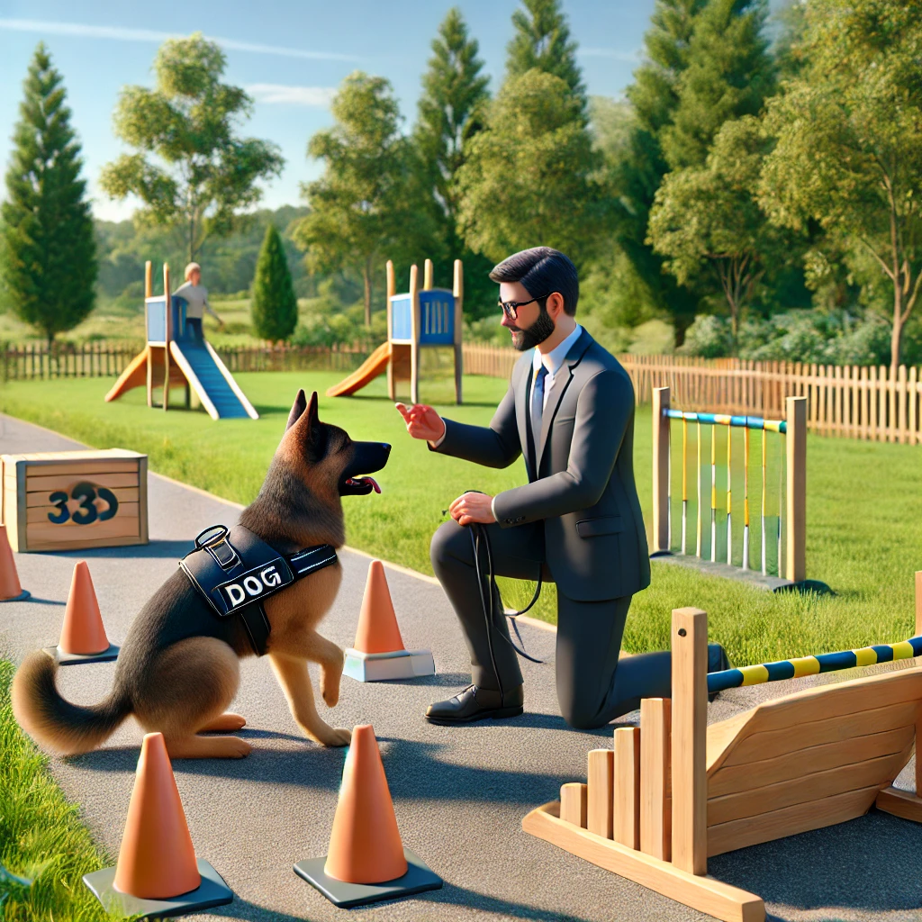 A professional trainer demonstrating a task to a service dog in an outdoor training area.