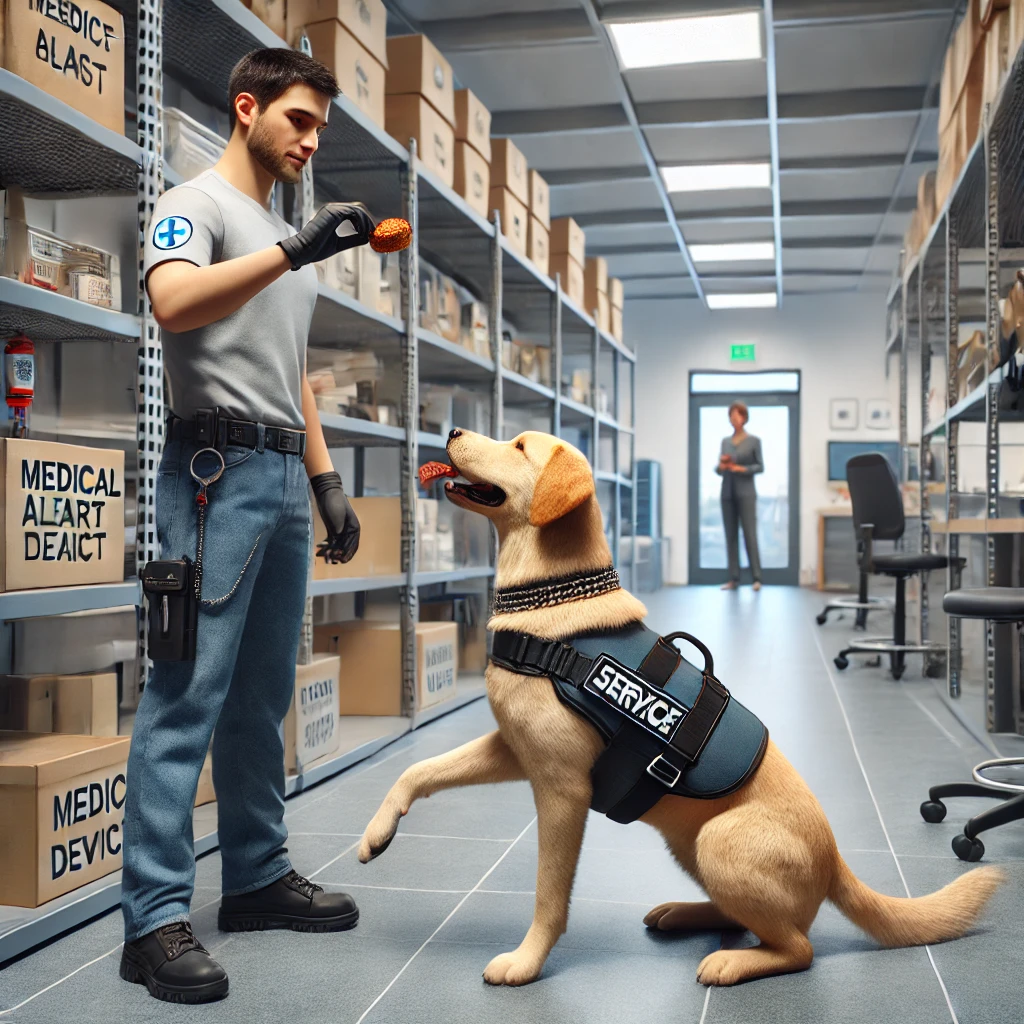 Service dog retrieving a medical alert device from a shelf in a training facility, with a trainer holding a treat.