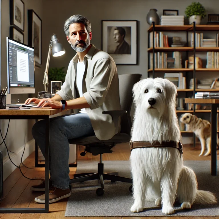 A man in his late 50s working at a desk in a well-organized home office, with his thin white medium long-haired service dog, Sasha, sitting attentively beside him.