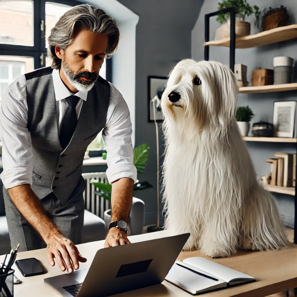 A man in his late 50s setting up his home office with his white medium long-haired service dog, Sasha, sitting nearby.