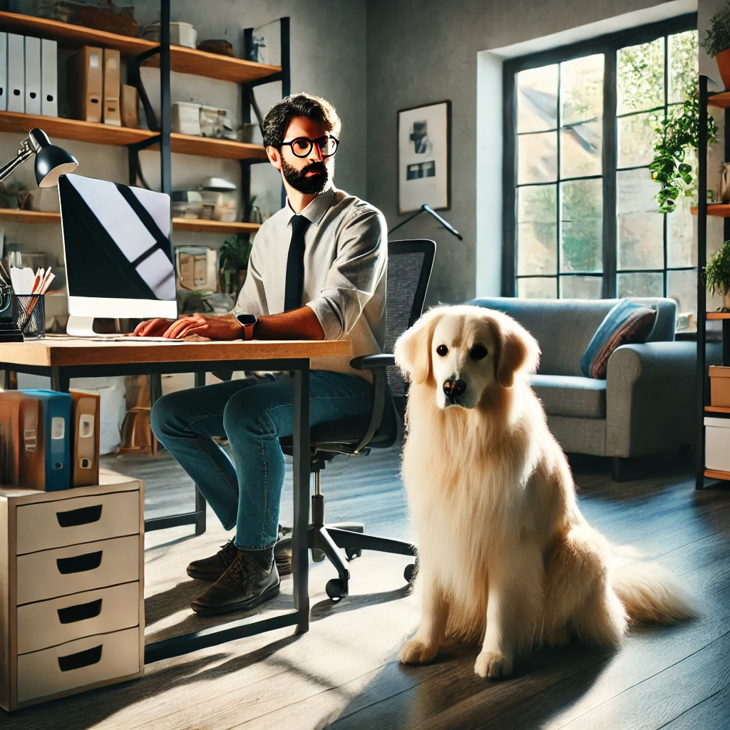 A man in his late 50s working in a well-organized home office with his thin white medium long-haired service dog, Sasha, by his side.