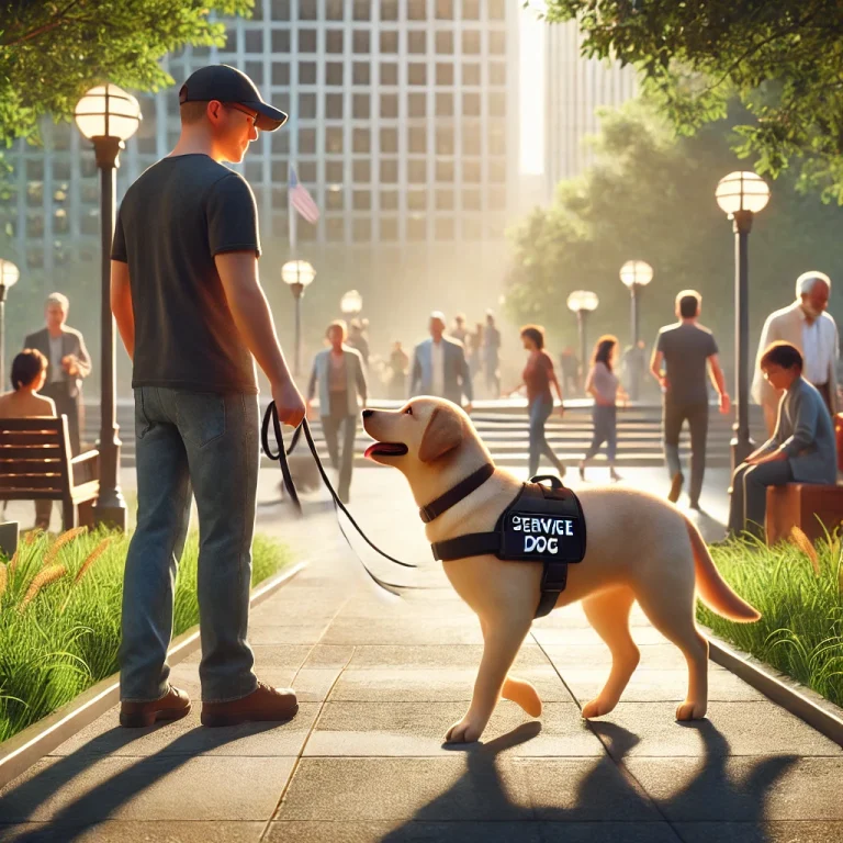 A service dog being guided by its handler in a bustling city park, demonstrating adaptation to a new environment.