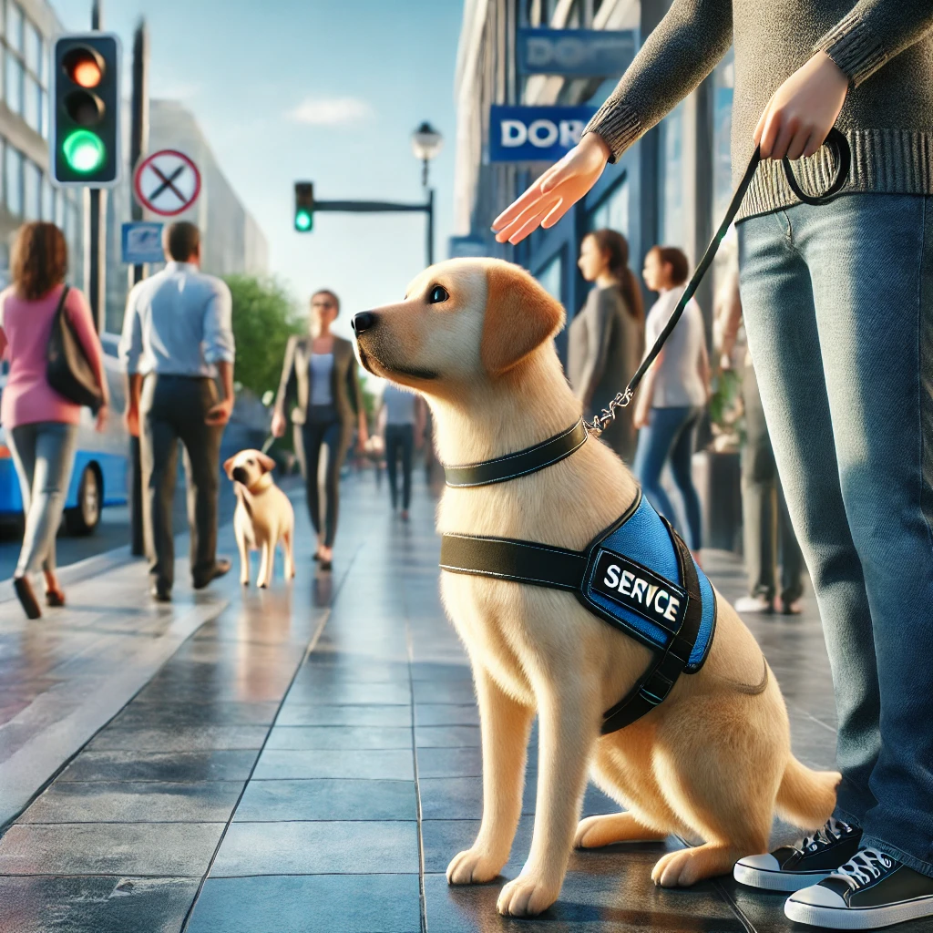 A service dog being guided by its handler in a busy street environment.