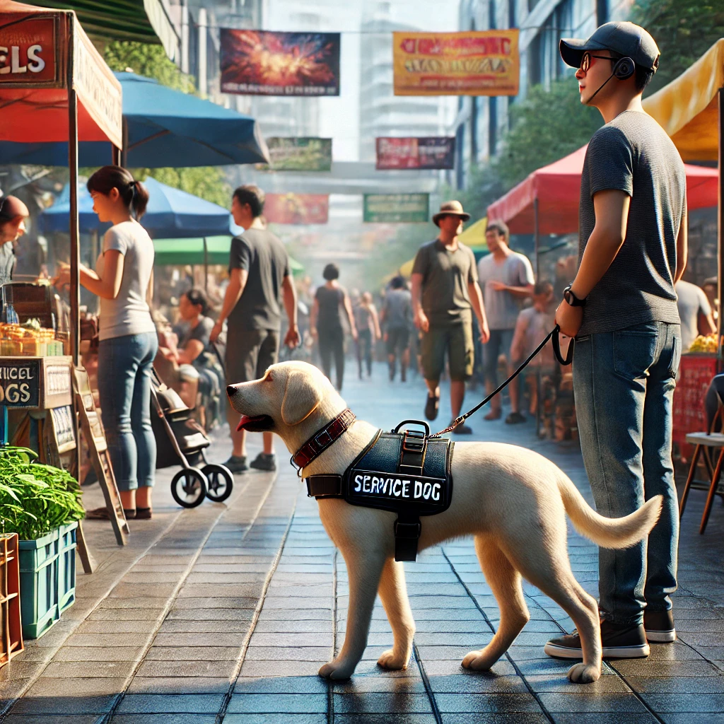 A service dog in training at a busy outdoor market, guided by a trainer, with various market stalls and people in the background.