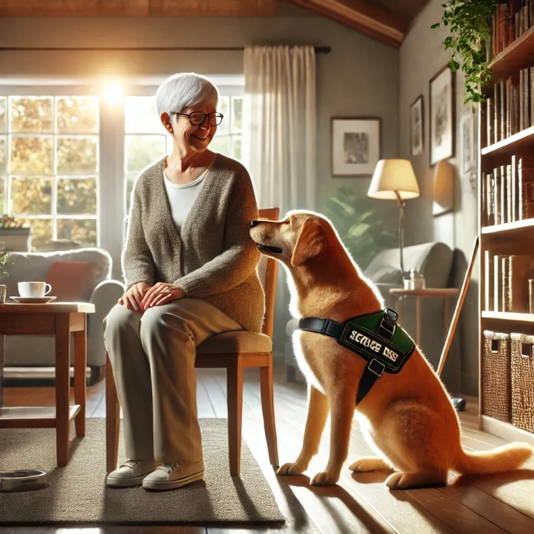 Elderly person in a cozy living room, smiling and petting a service dog wearing a vest.