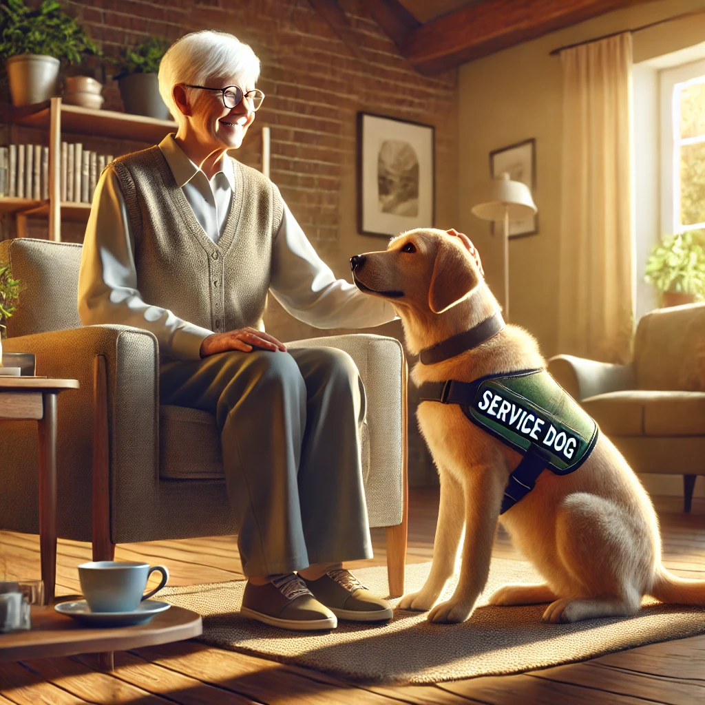 An elderly person sitting in a comfortable chair with a service dog by their side in a cozy living room.